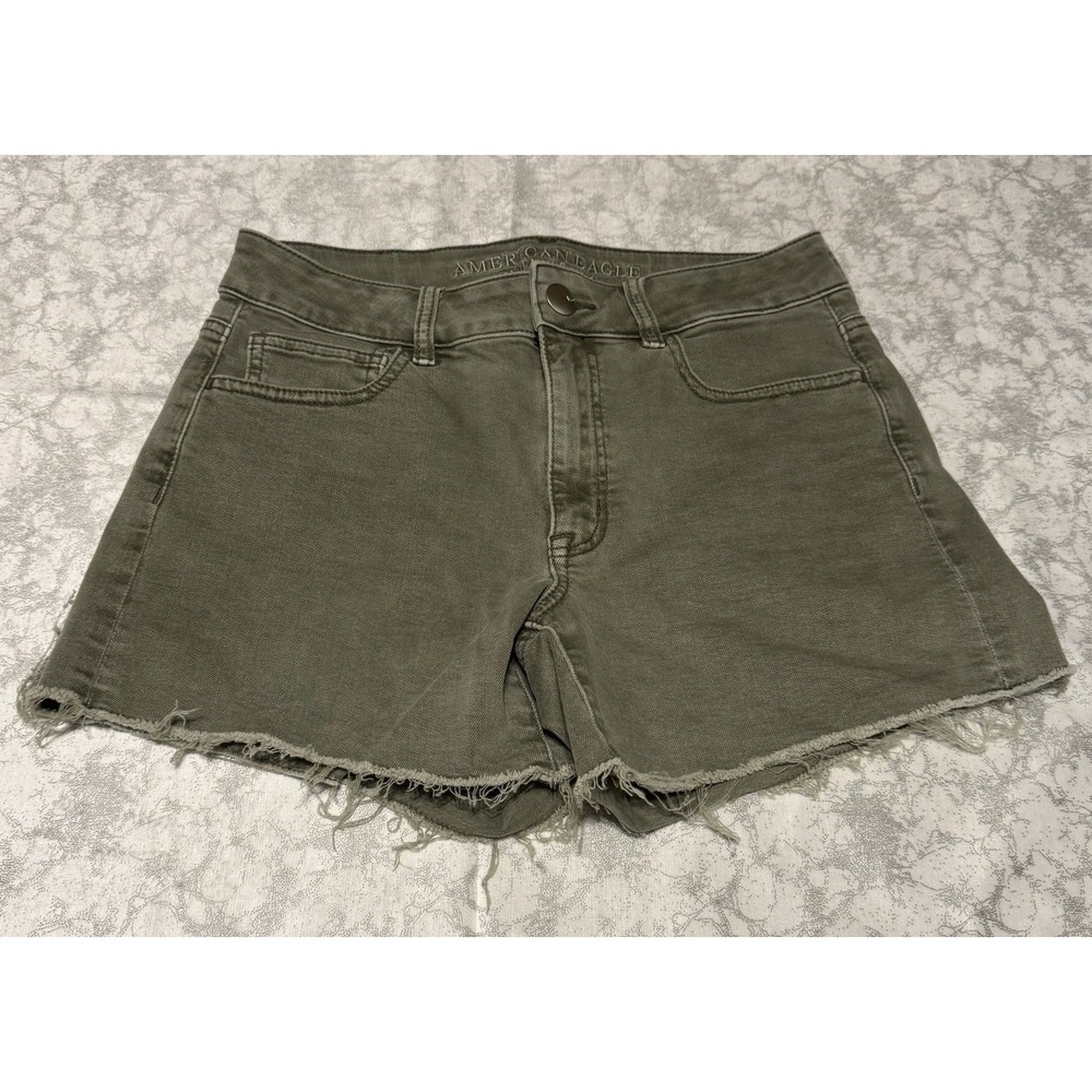 American Eagle Outfitters Hi-Rise Shortie Distressed Cut Off Shorts Army Green 8